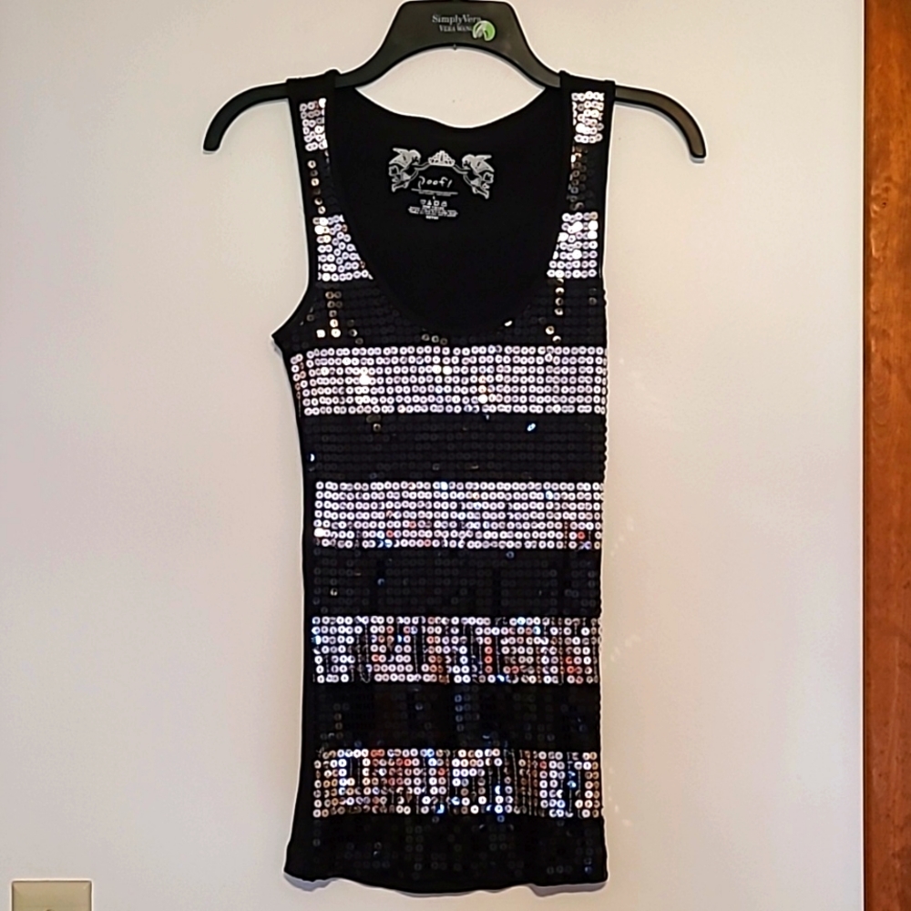 Poof! long silver & black sequined tank top Sz L